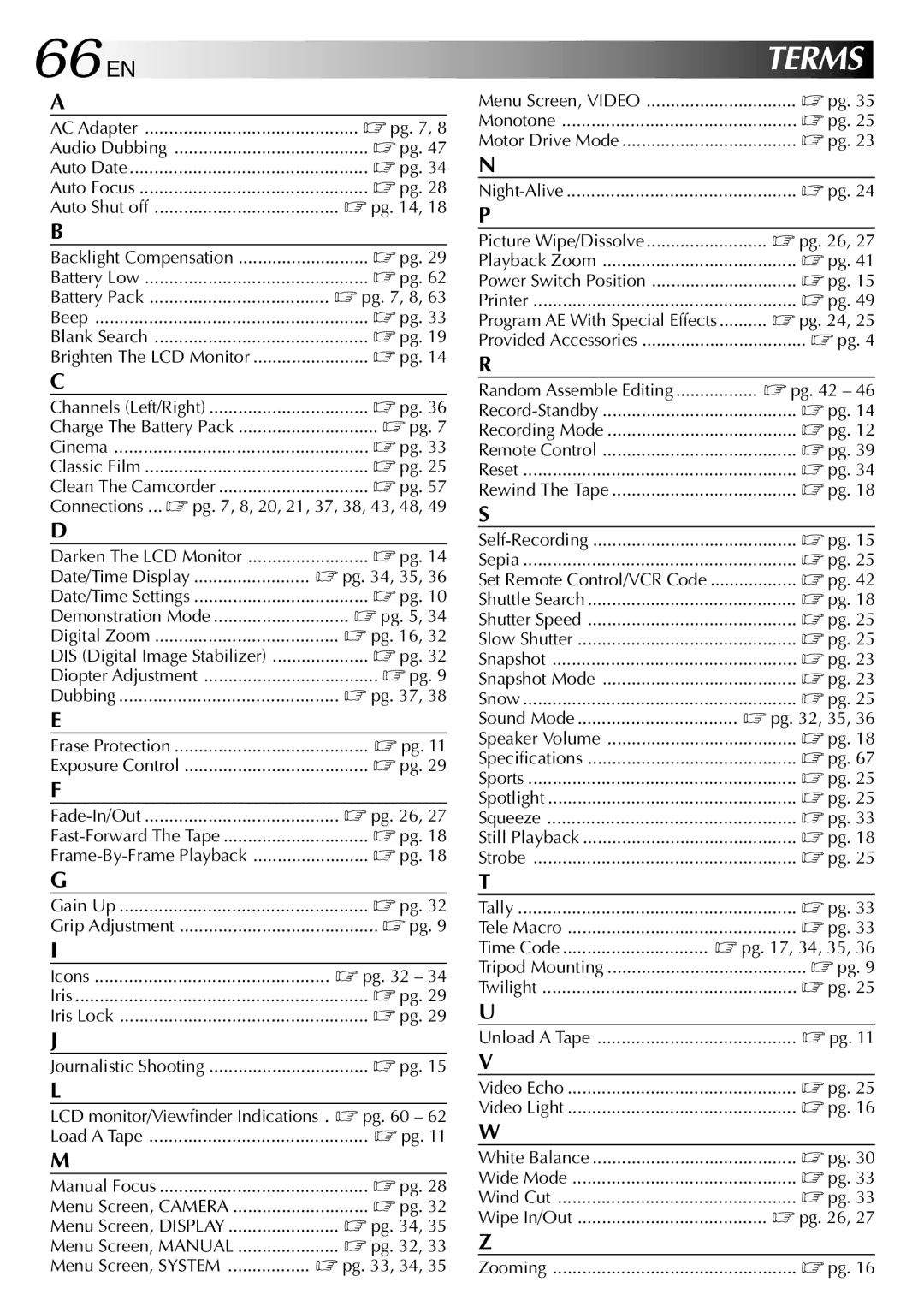 JVC GR-DVL315 specifications 66 EN, Terms 