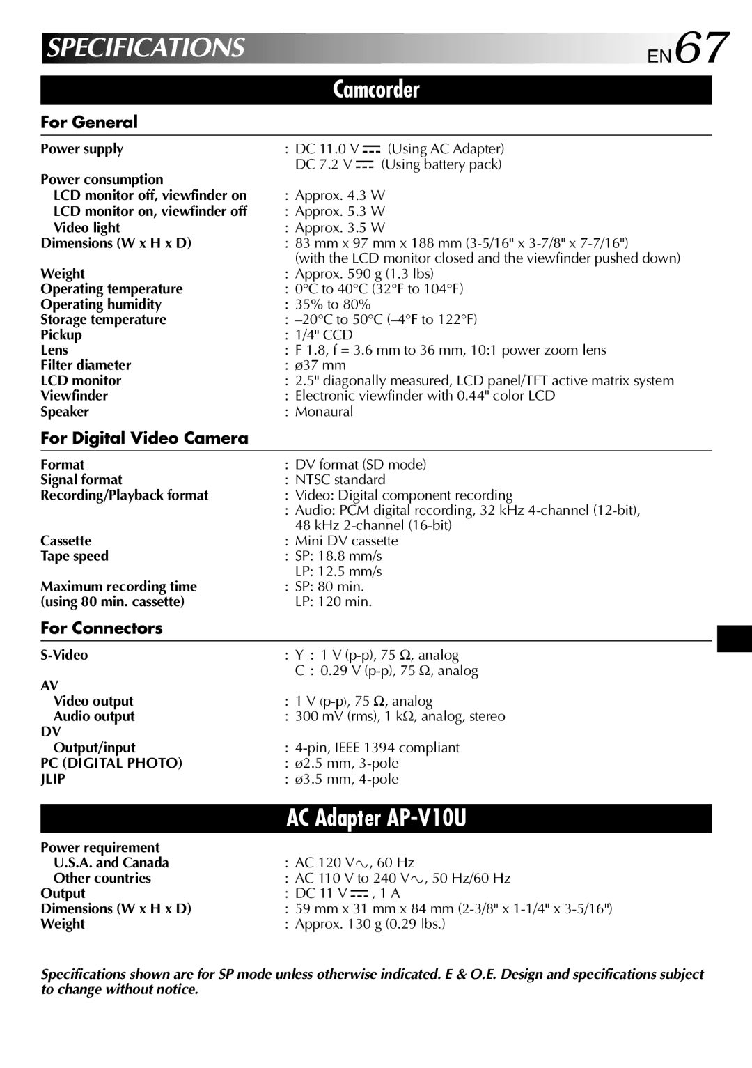 JVC GR-DVL315 specifications Specifications, For General, For Digital Video Camera, For Connectors 