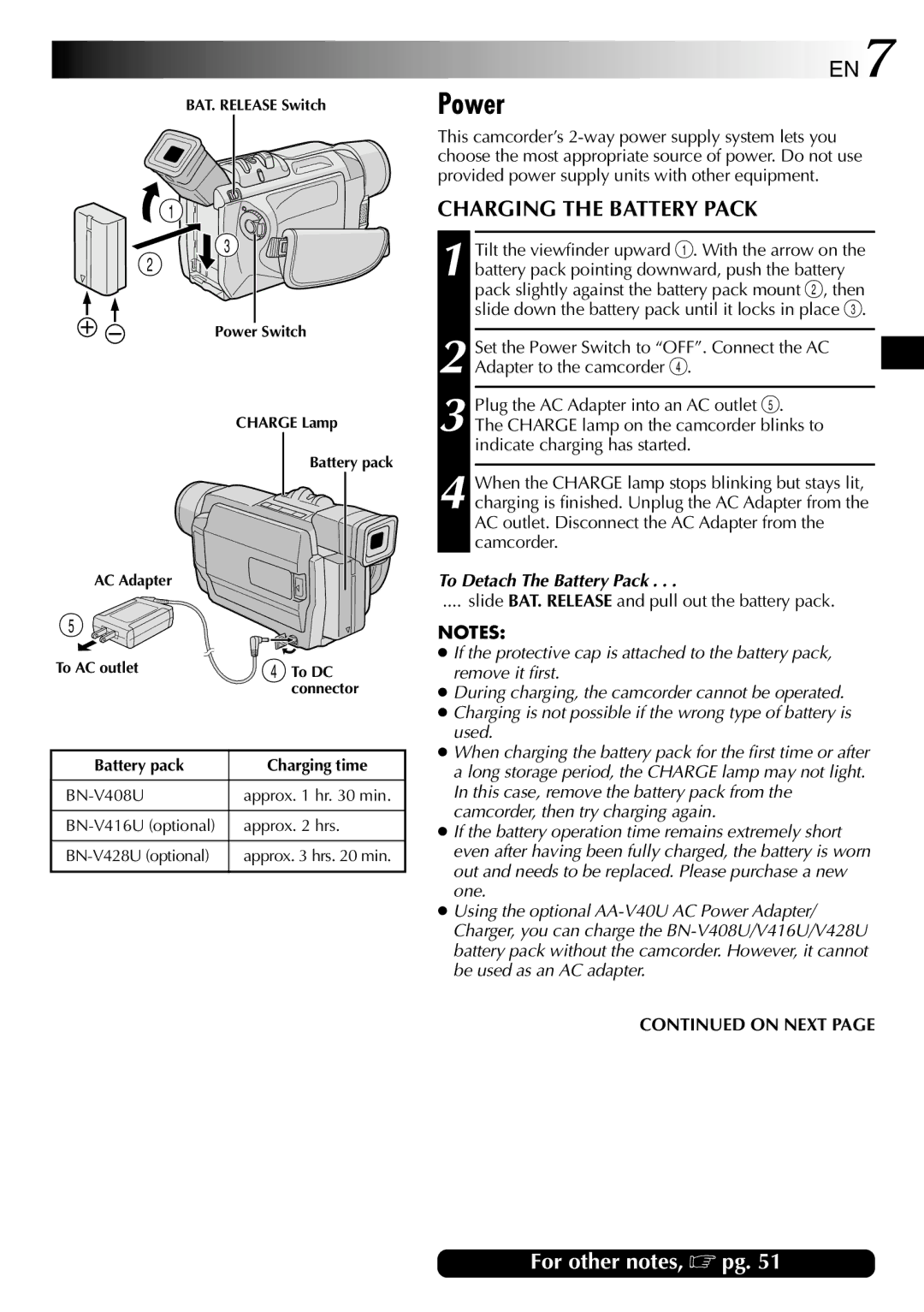 JVC GR-DVL315 specifications Power, Charging the Battery Pack, To Detach The Battery Pack 