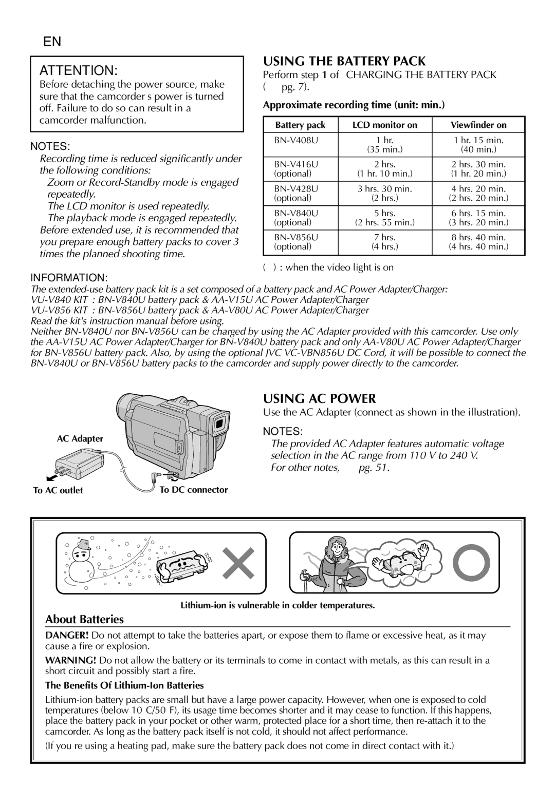 JVC GR-DVL315 Using the Battery Pack, Using AC Power, About Batteries, Selection in the AC range from 110 V to 240 