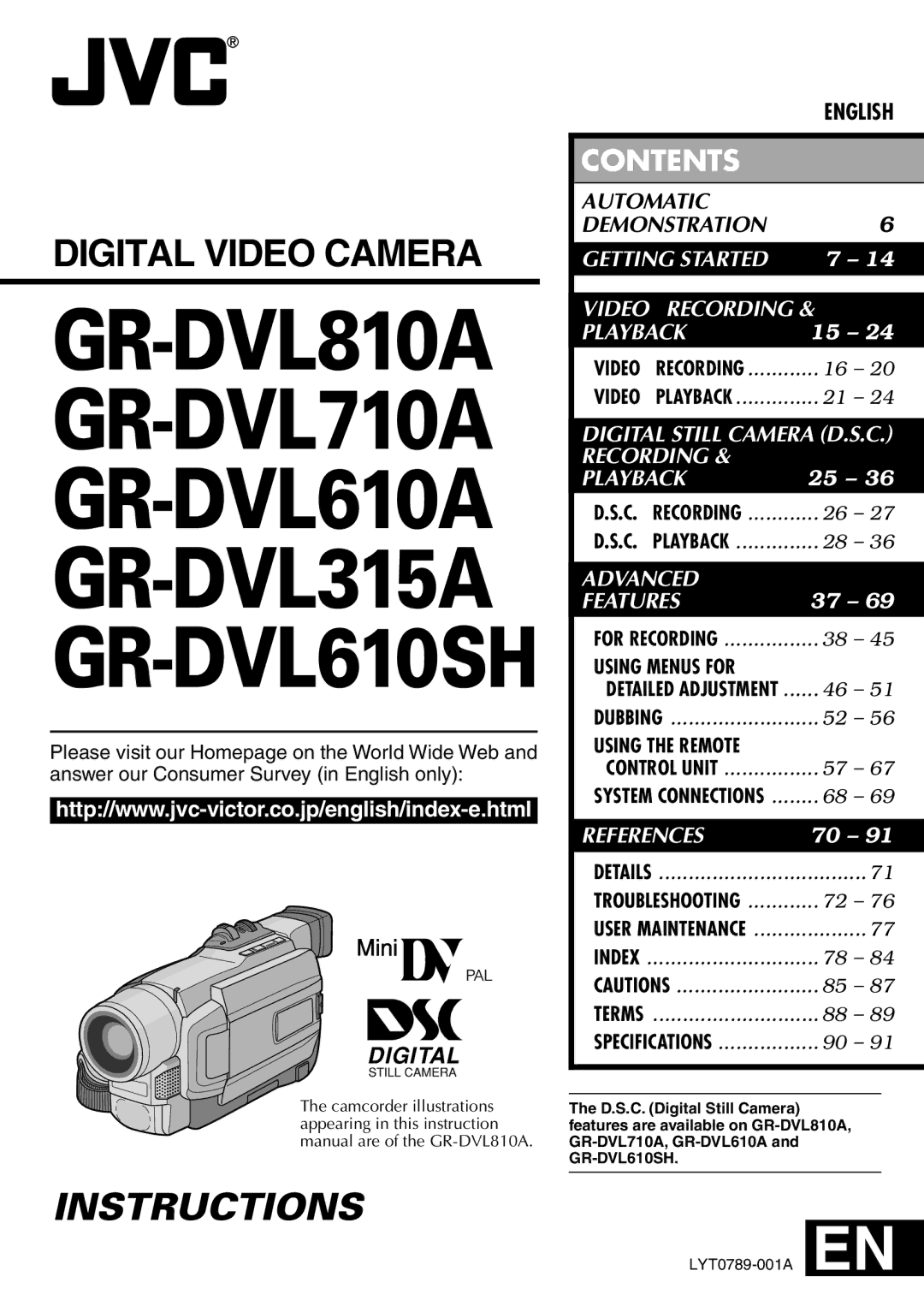 JVC specifications GR-DVL810A GR-DVL710A GR-DVL610A GR-DVL315A GR-DVL610SH 