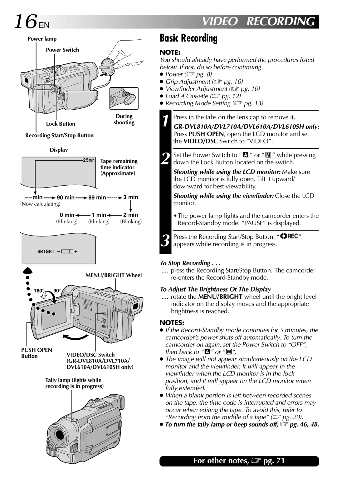 JVC GR-DVL810A 16 EN, Video Recording, Basic Recording, To Stop Recording, To Adjust The Brightness Of The Display 