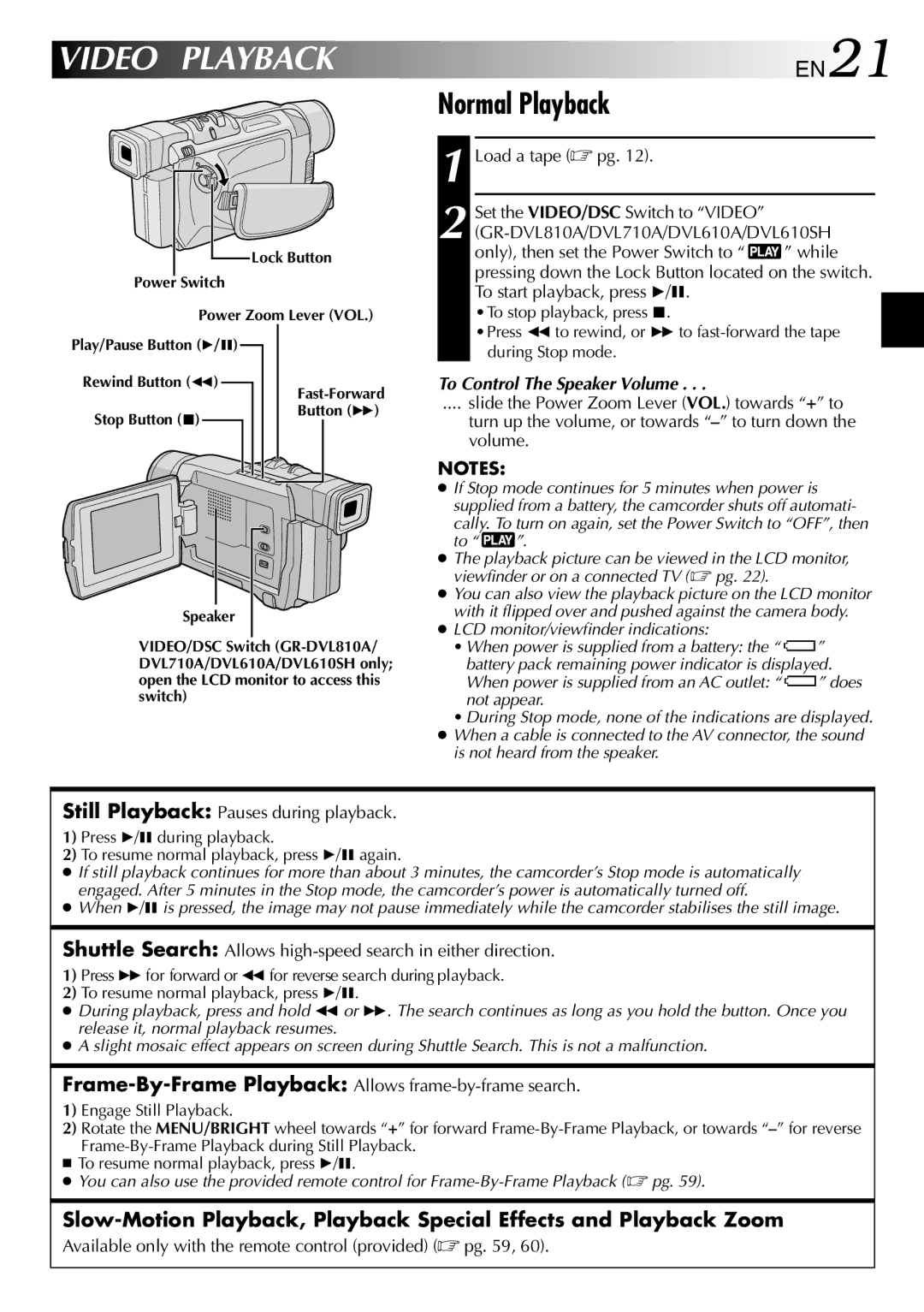 JVC GR-DVL810A, GR-DVL315A, GR-DVL610SH, GR-DVL610A Video Playback, Normal Playback, EN21, To Control The Speaker Volume 