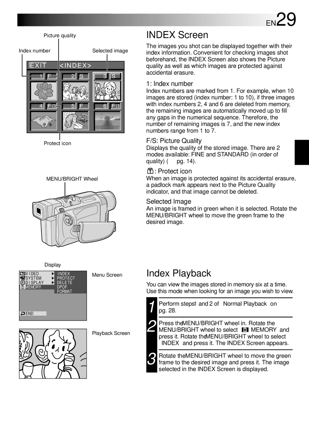 JVC GR-DVL710A, GR-DVL315A, GR-DVL810A, GR-DVL610SH, GR-DVL610A specifications Index Screen, Index Playback, EN29 