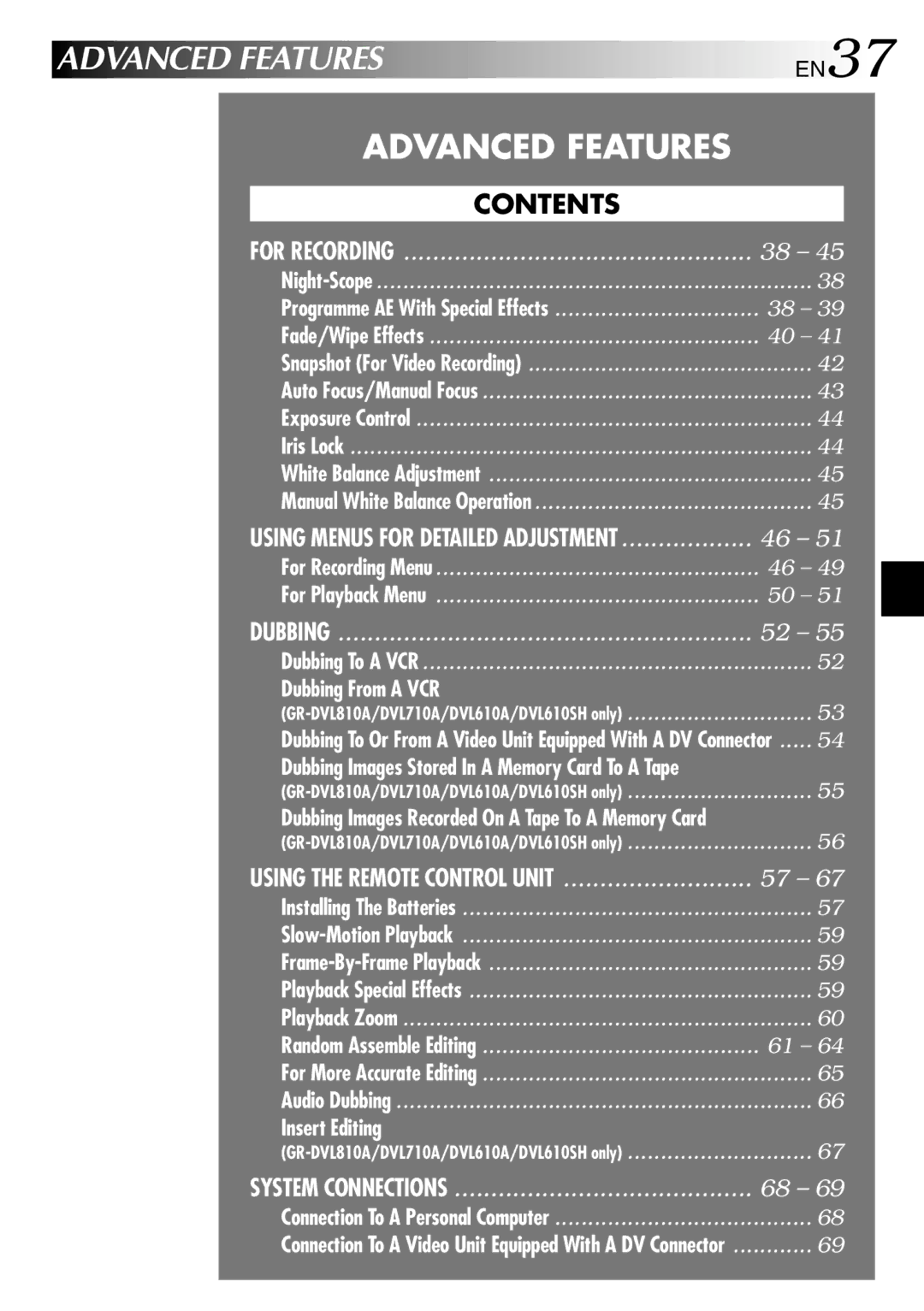 JVC GR-DVL610SH, GR-DVL315A, GR-DVL810A, GR-DVL610A, GR-DVL710A specifications Advanced Features, For Recording 