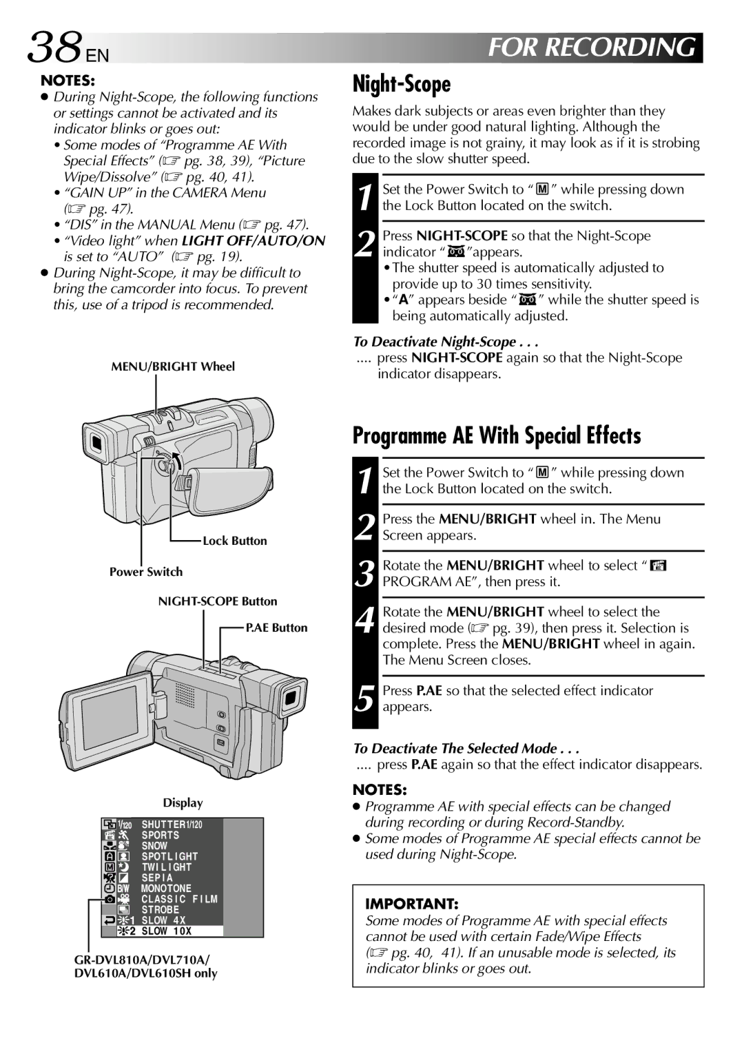 JVC GR-DVL610A, GR-DVL315A, GR-DVL810A, GR-DVL610SH 38 EN, For Recording, Night-Scope, Programme AE With Special Effects 