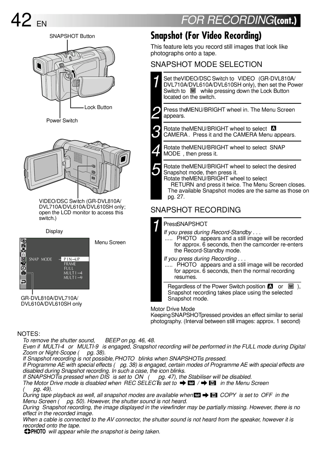 JVC GR-DVL610SH, GR-DVL315A, GR-DVL810A, GR-DVL610A, GR-DVL710A specifications 42 EN, Snapshot For Video Recording 