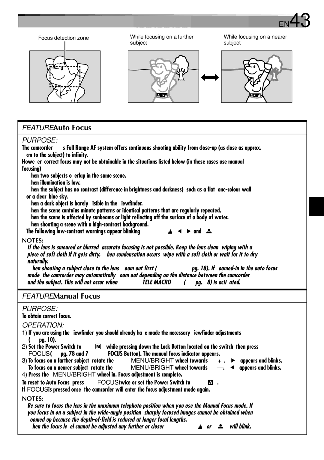JVC GR-DVL610A, GR-DVL315A, GR-DVL810A, GR-DVL610SH EN43, Feature Auto Focus, Feature Manual Focus, To obtain correct focus 