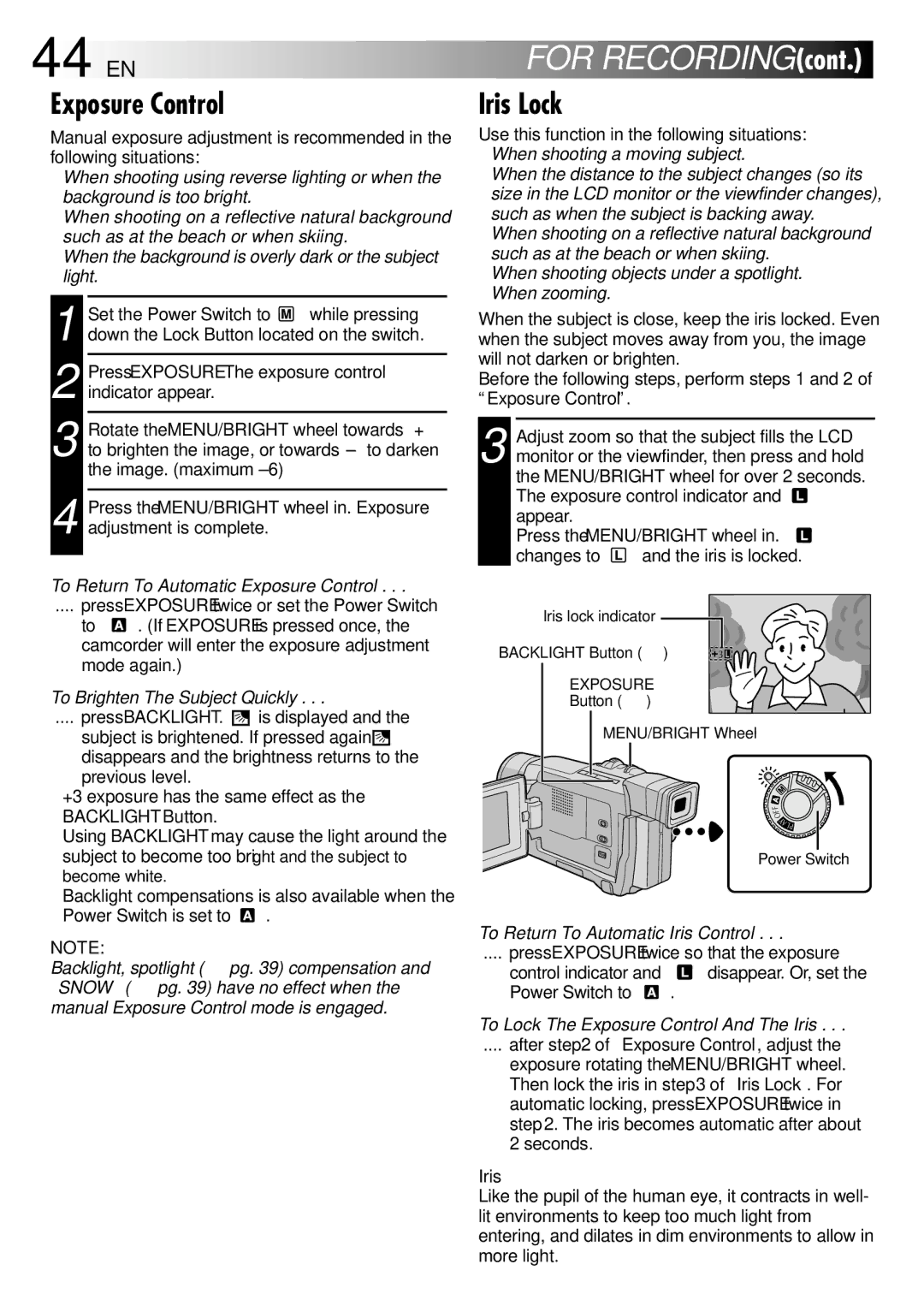 JVC GR-DVL710A, GR-DVL315A, GR-DVL810A, GR-DVL610SH, GR-DVL610A specifications 44 EN, Exposure Control, Iris Lock 