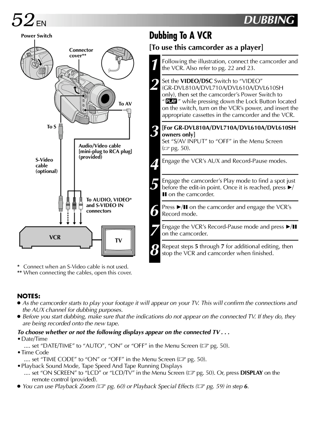 JVC GR-DVL610SH, GR-DVL315A, GR-DVL810A, GR-DVL610A 52 EN, Dubbing To a VCR, To use this camcorder as a player 