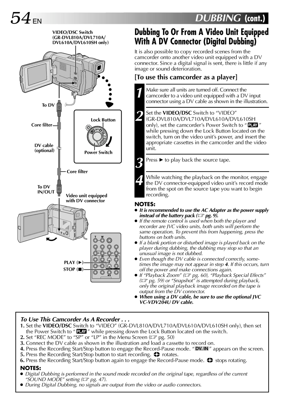 JVC GR-DVL710A, GR-DVL315A, GR-DVL810A, GR-DVL610SH, GR-DVL610A specifications 54 EN, Dubbing 