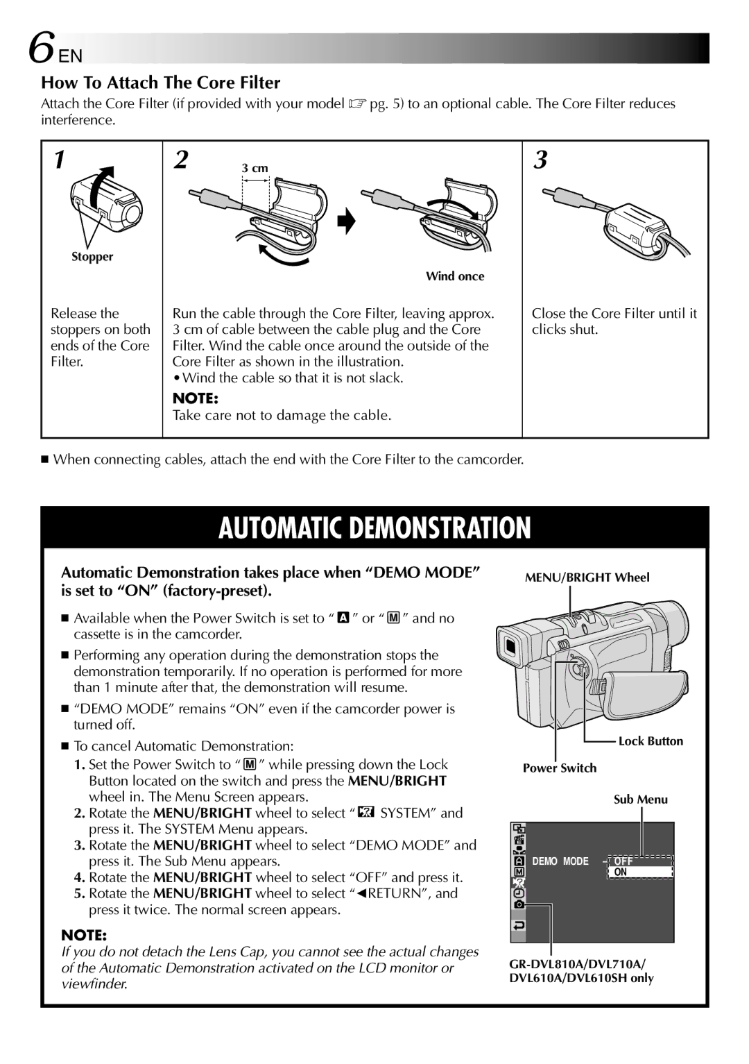 JVC GR-DVL810A, GR-DVL315A, GR-DVL610SH How To Attach The Core Filter, Release the stoppers on both ends of the Core Filter 