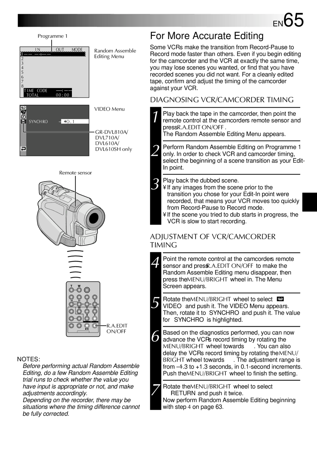 JVC GR-DVL315A For More Accurate Editing, EN65, Diagnosing VCR/CAMCORDER Timing, Adjustment of VCR/CAMCORDER Timing 