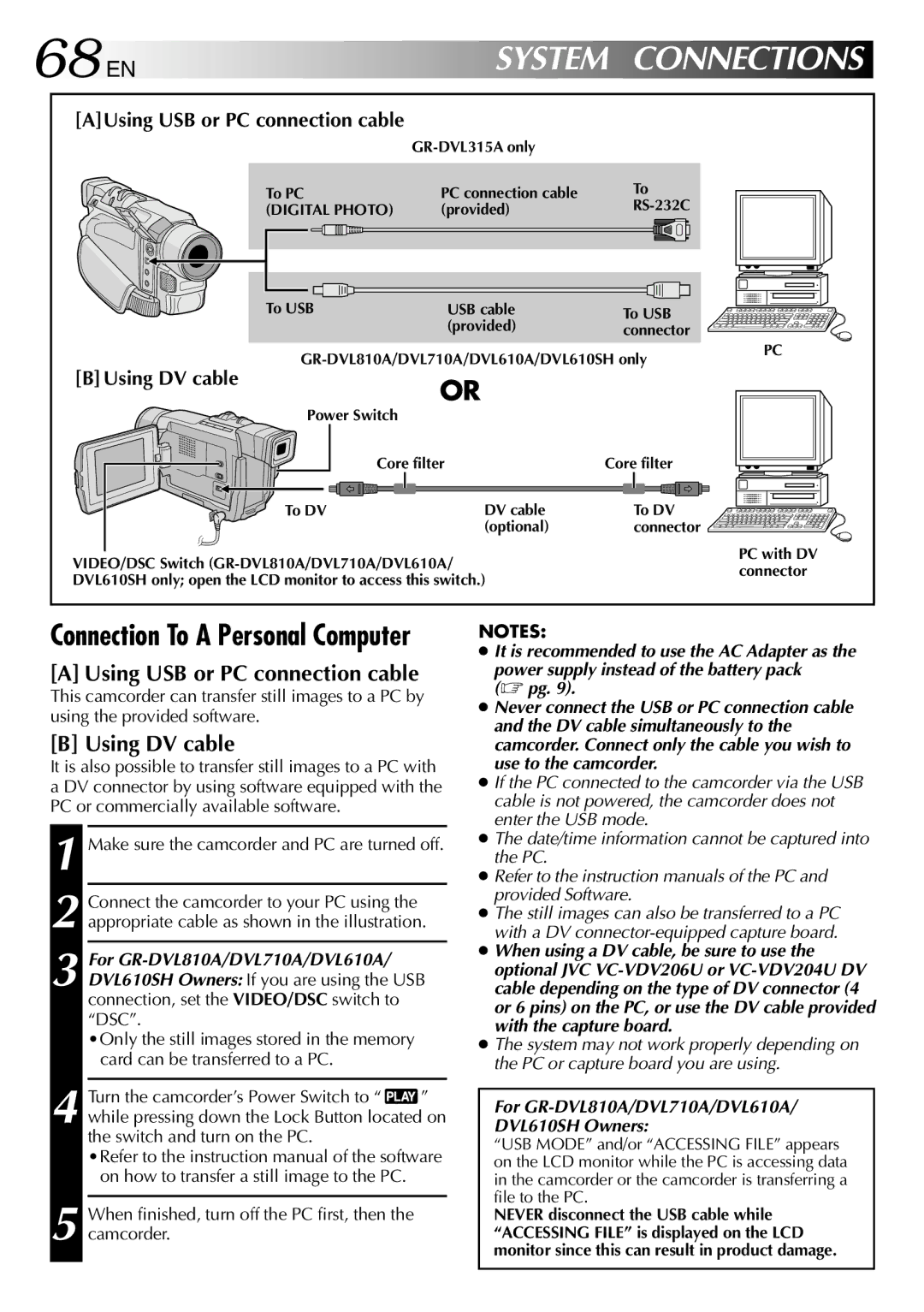 JVC GR-DVL610A, GR-DVL315A, GR-DVL810A, GR-DVL610SH, GR-DVL710A Using DV cable, AUsing USB or PC connection cable 