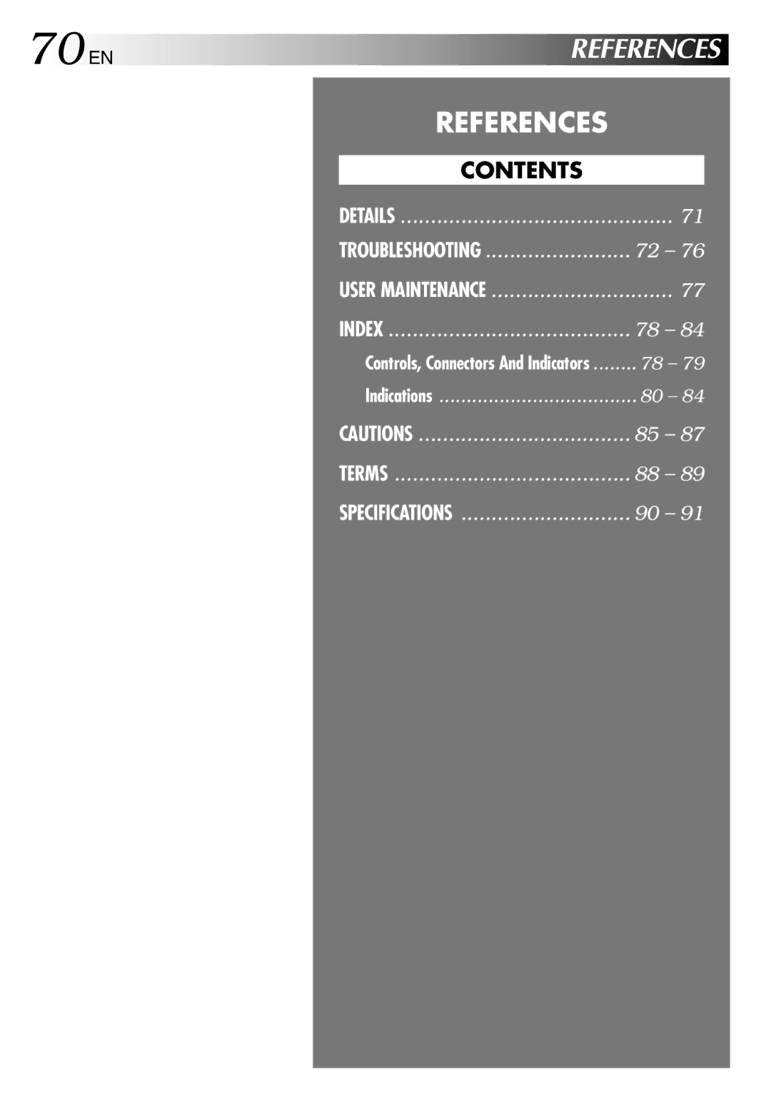 JVC GR-DVL315A, GR-DVL810A, GR-DVL610SH, GR-DVL610A, GR-DVL710A specifications 70 EN, References 