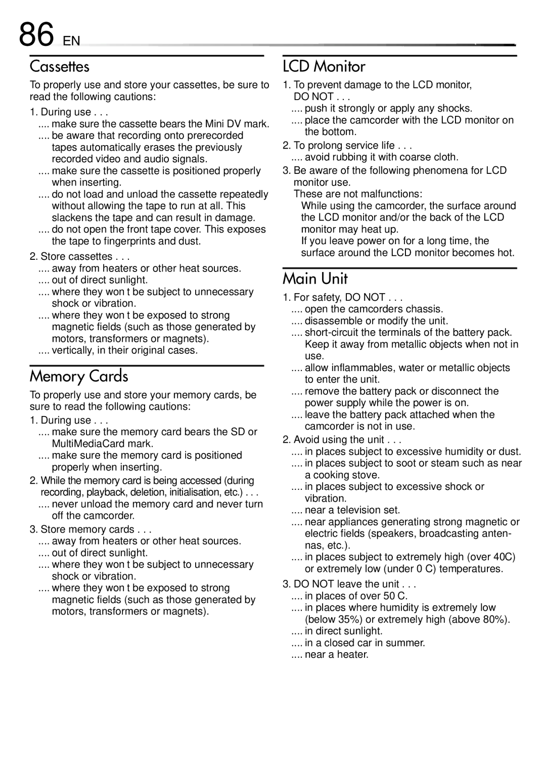 JVC GR-DVL810A, GR-DVL315A, GR-DVL610SH, GR-DVL610A, GR-DVL710A specifications 86 EN 