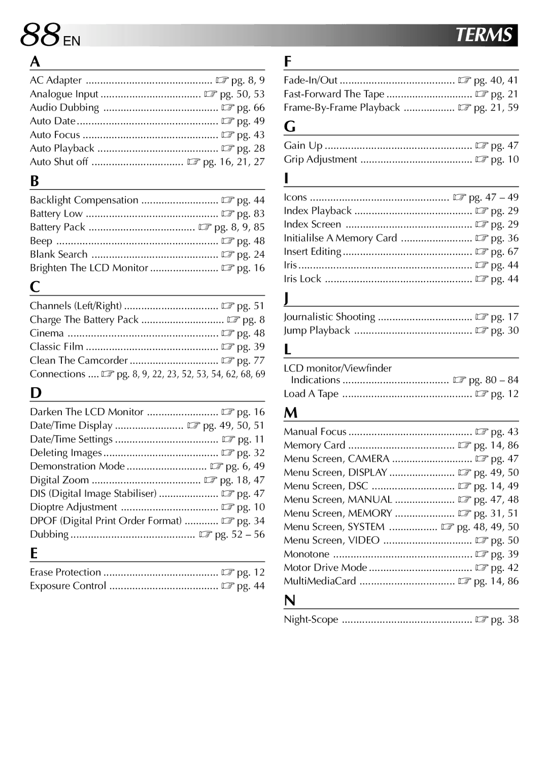 JVC GR-DVL610A, GR-DVL315A, GR-DVL810A, GR-DVL610SH, GR-DVL710A specifications 88 EN, Terms 