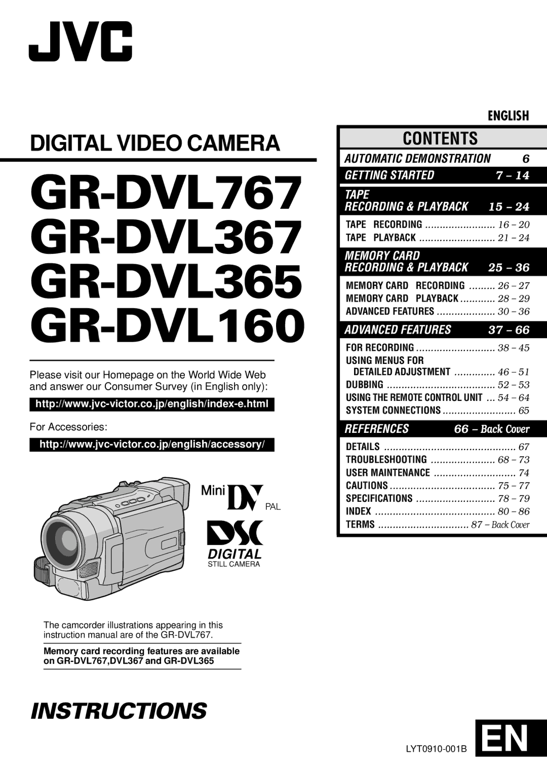 JVC specifications GR-DVL767 GR-DVL367 GR-DVL365 GR-DVL160 