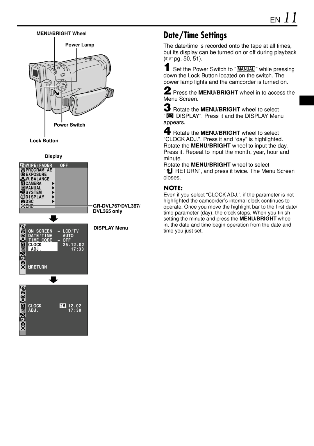 JVC GR-DVL160, GR-DVL367, GR-DVL365, GR-DVL767 specifications Date/Time Settings, Set the Power Switch to 