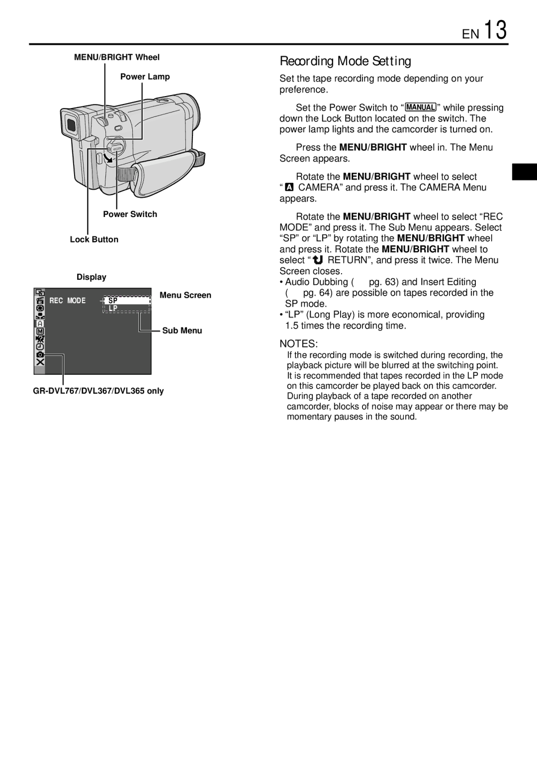 JVC GR-DVL767, GR-DVL367 Recording Mode Setting, Set the tape recording mode depending on your preference, SP mode 