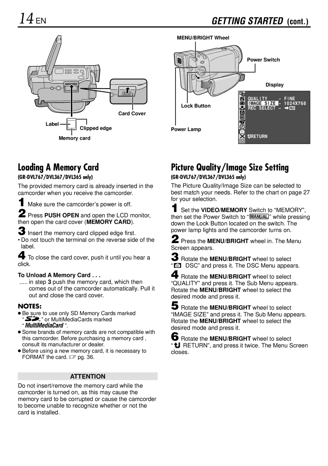 JVC GR-DVL367, GR-DVL160, GR-DVL365 Loading a Memory Card, Picture Quality/Image Size Setting, To Unload a Memory Card 