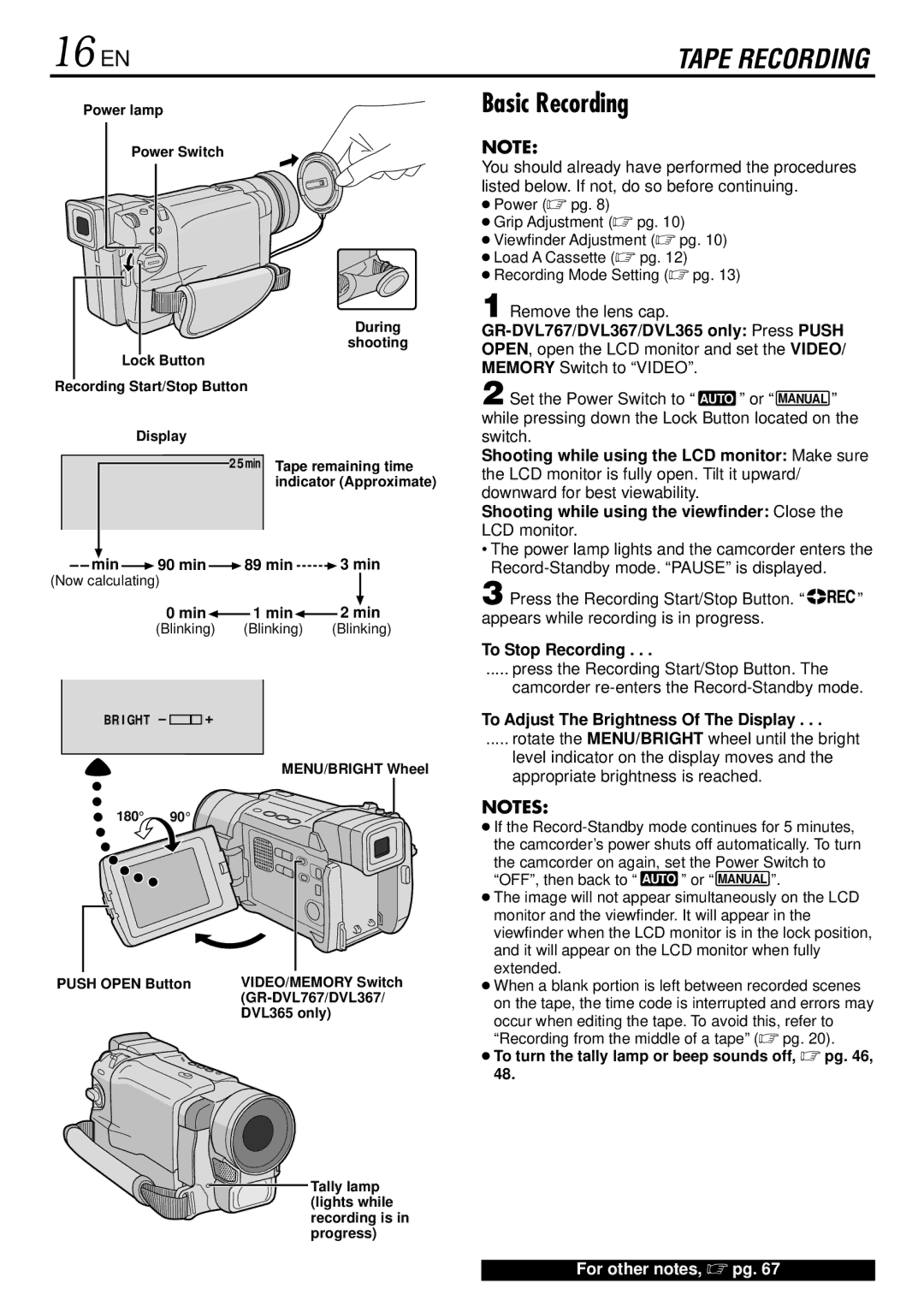 JVC GR-DVL160 16 EN, Basic Recording, Remove the lens cap, To Stop Recording, To Adjust The Brightness Of The Display 