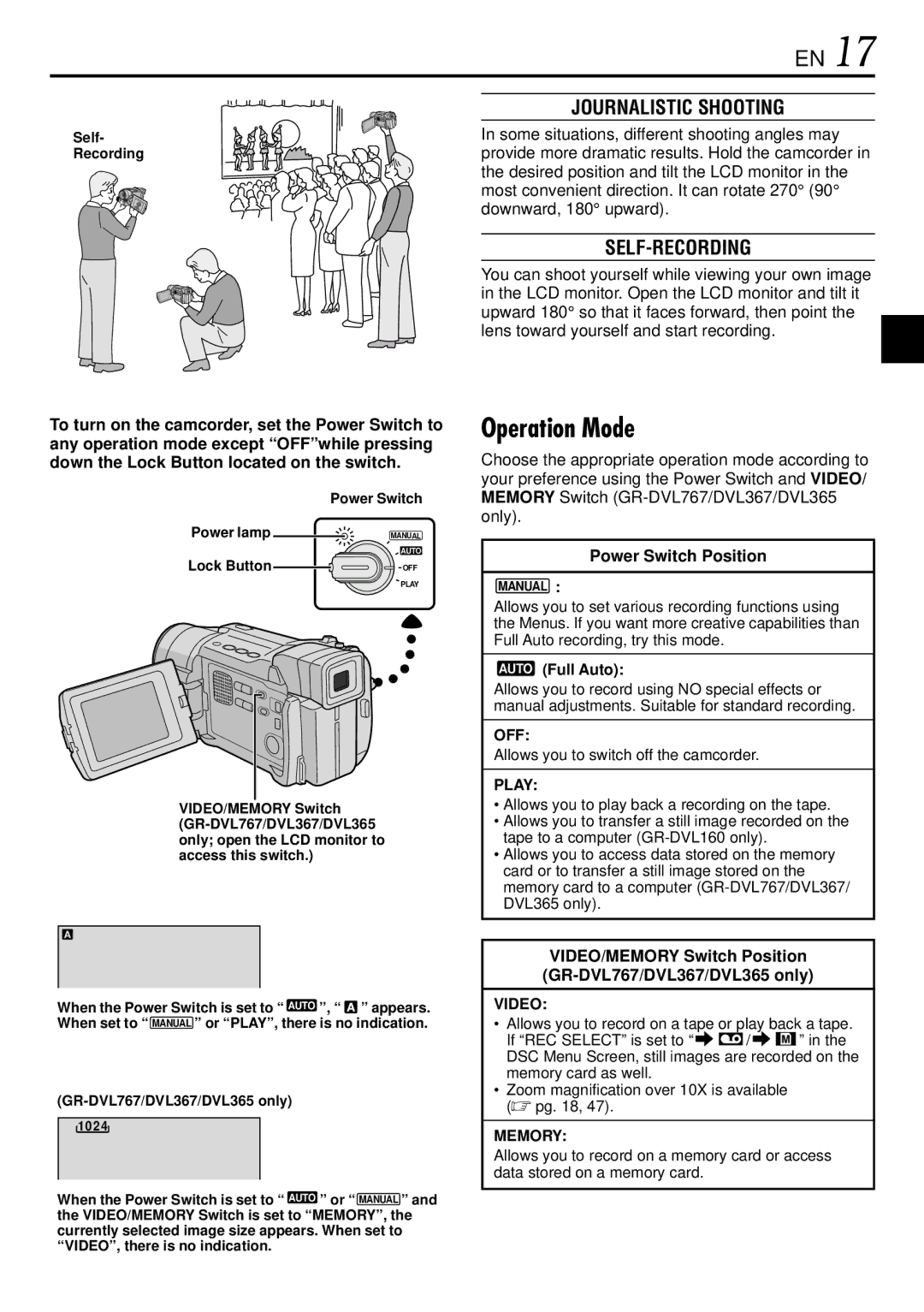 JVC GR-DVL365, GR-DVL367, GR-DVL160, GR-DVL767 Operation Mode, Journalistic Shooting, Self-Recording, Power Switch Position 
