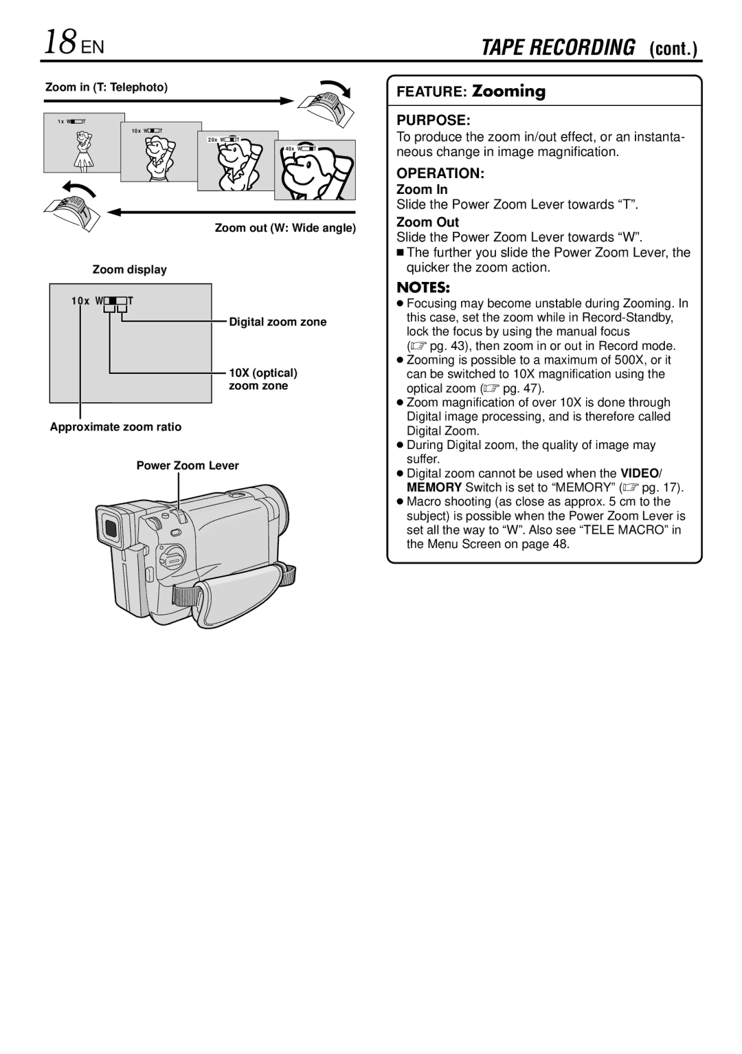 JVC GR-DVL767, GR-DVL367, GR-DVL160, GR-DVL365 specifications 18 EN, Slide the Power Zoom Lever towards T, Zoom Out 