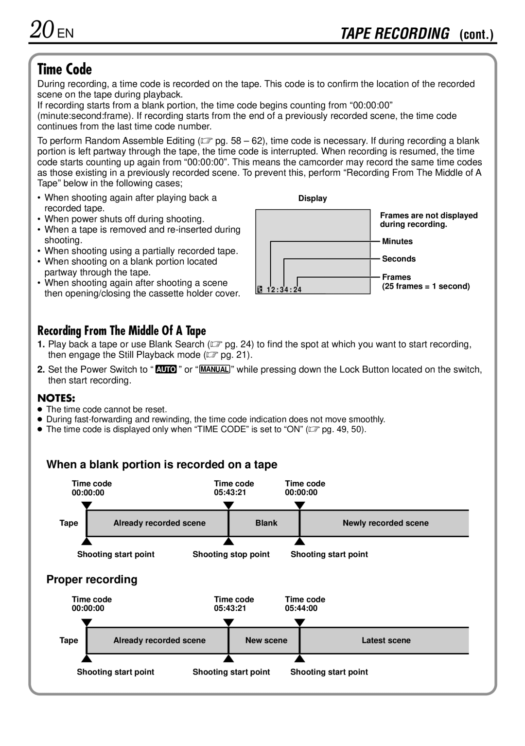 JVC GR-DVL367 20 EN, Time Code, When a blank portion is recorded on a tape, Proper recording, Then start recording 