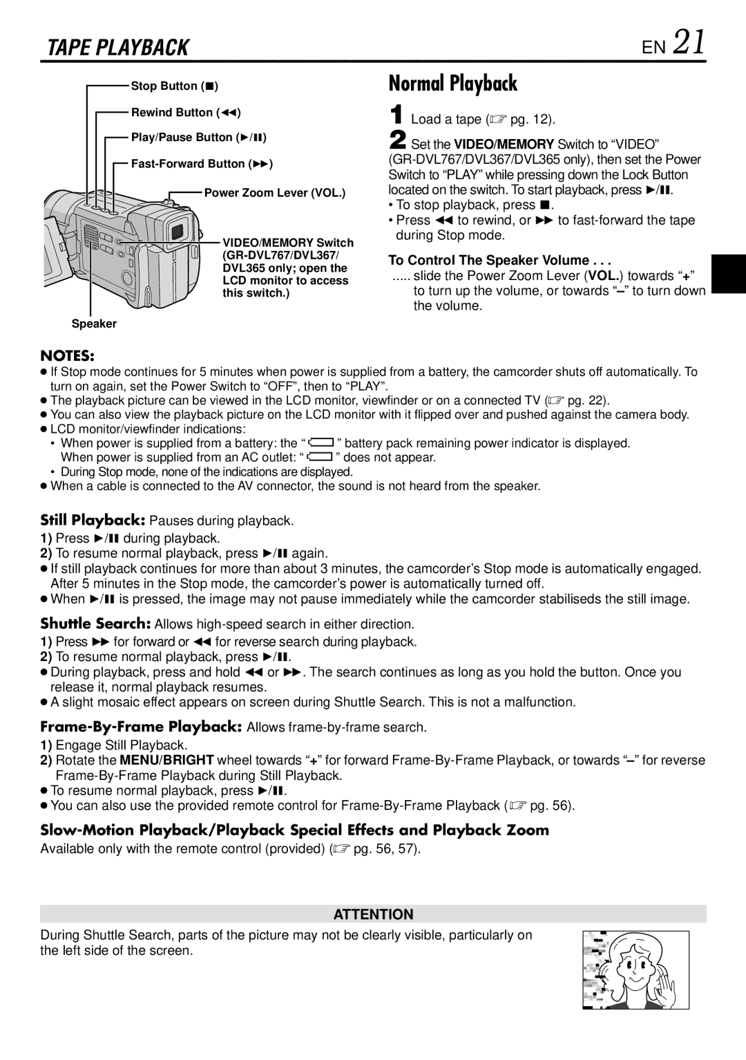 JVC GR-DVL160, GR-DVL367, GR-DVL365, GR-DVL767 specifications Normal Playback, To Control The Speaker Volume 