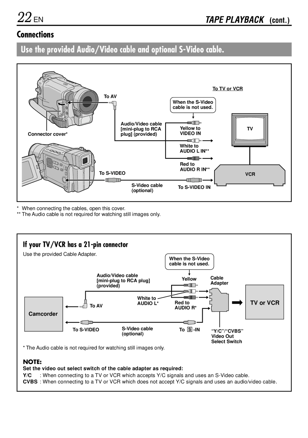 JVC GR-DVL365, GR-DVL367, GR-DVL160, GR-DVL767 specifications 22 EN, Connections, Camcorder 