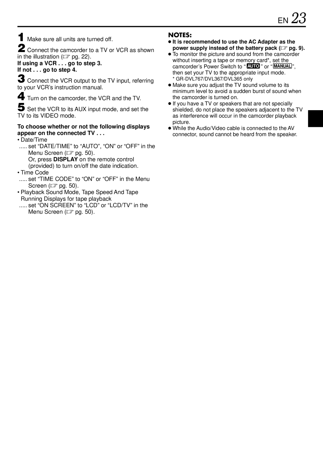 JVC GR-DVL767, GR-DVL367, GR-DVL160, GR-DVL365 specifications If using a VCR . . . go to step If not . . . go to step 