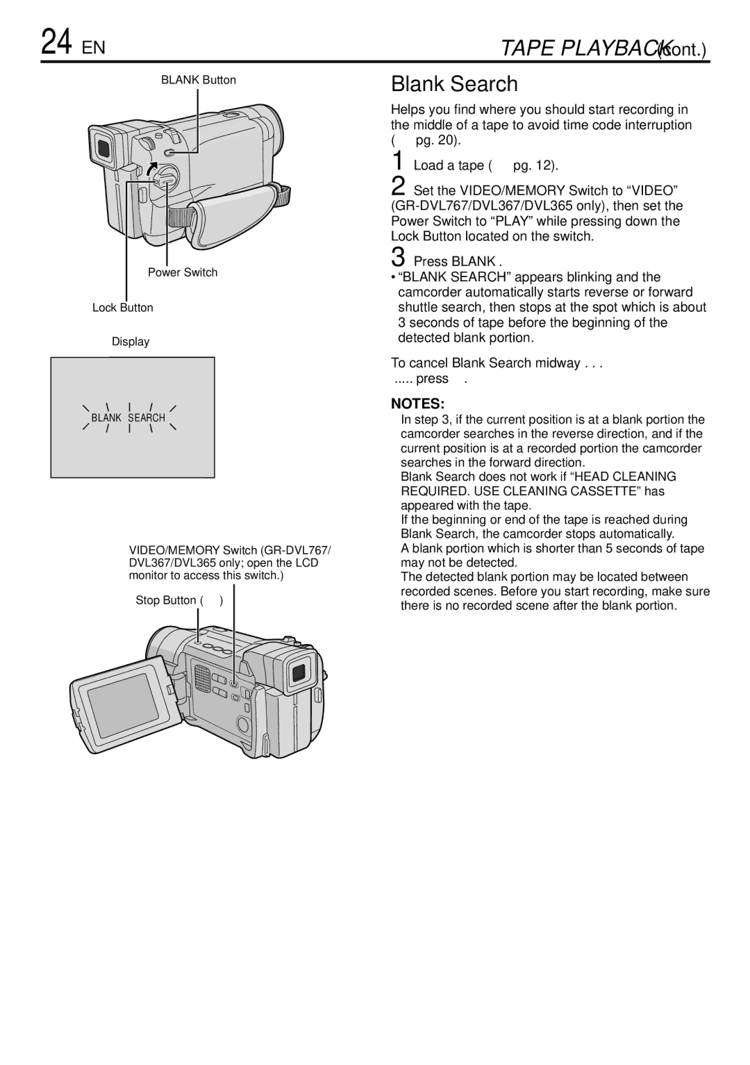 JVC GR-DVL367, GR-DVL160, GR-DVL365, GR-DVL767 specifications 24 EN, To cancel Blank Search midway, Press 