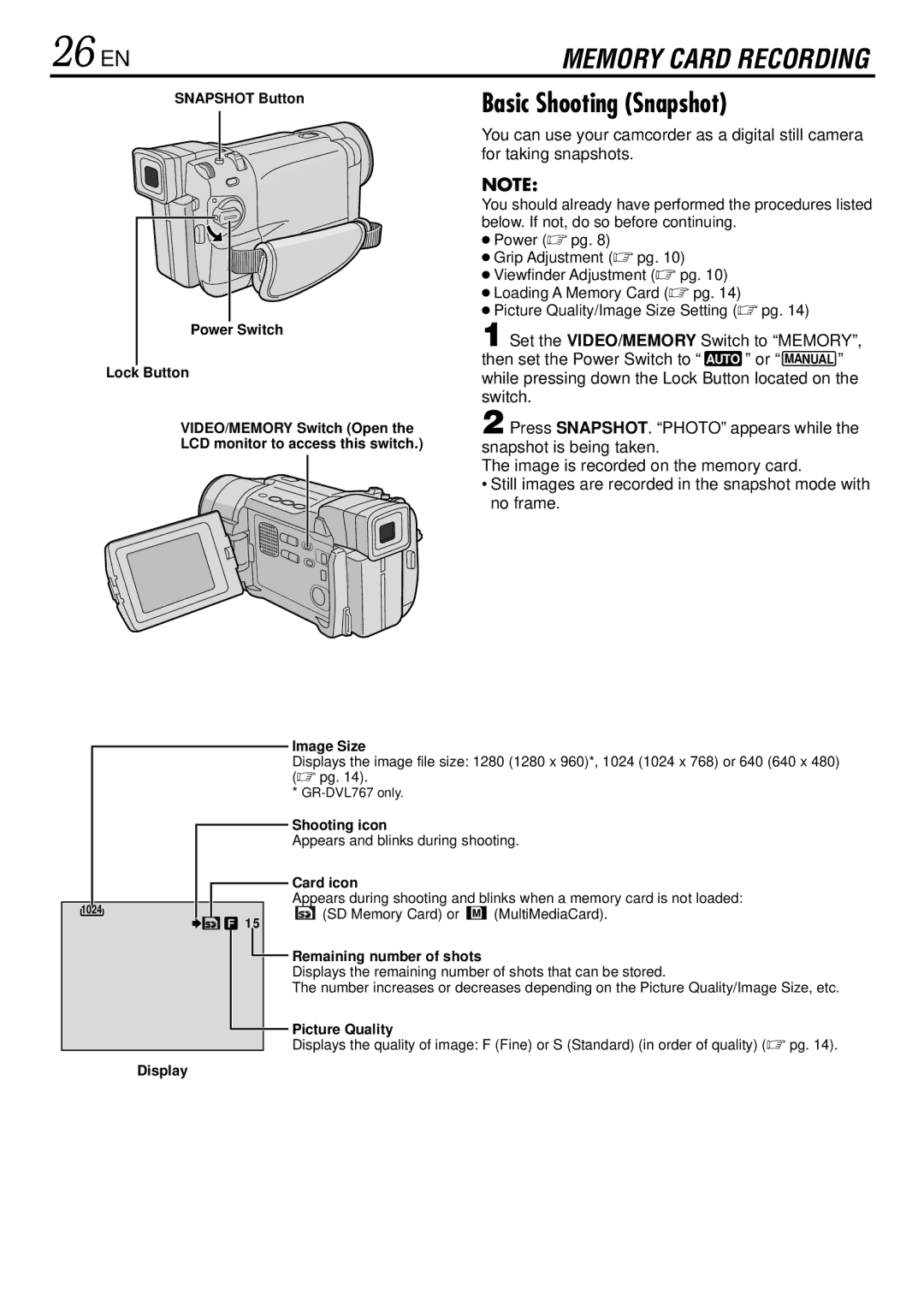 JVC GR-DVL160, GR-DVL367, GR-DVL365, GR-DVL767 specifications 26 EN, Basic Shooting Snapshot 