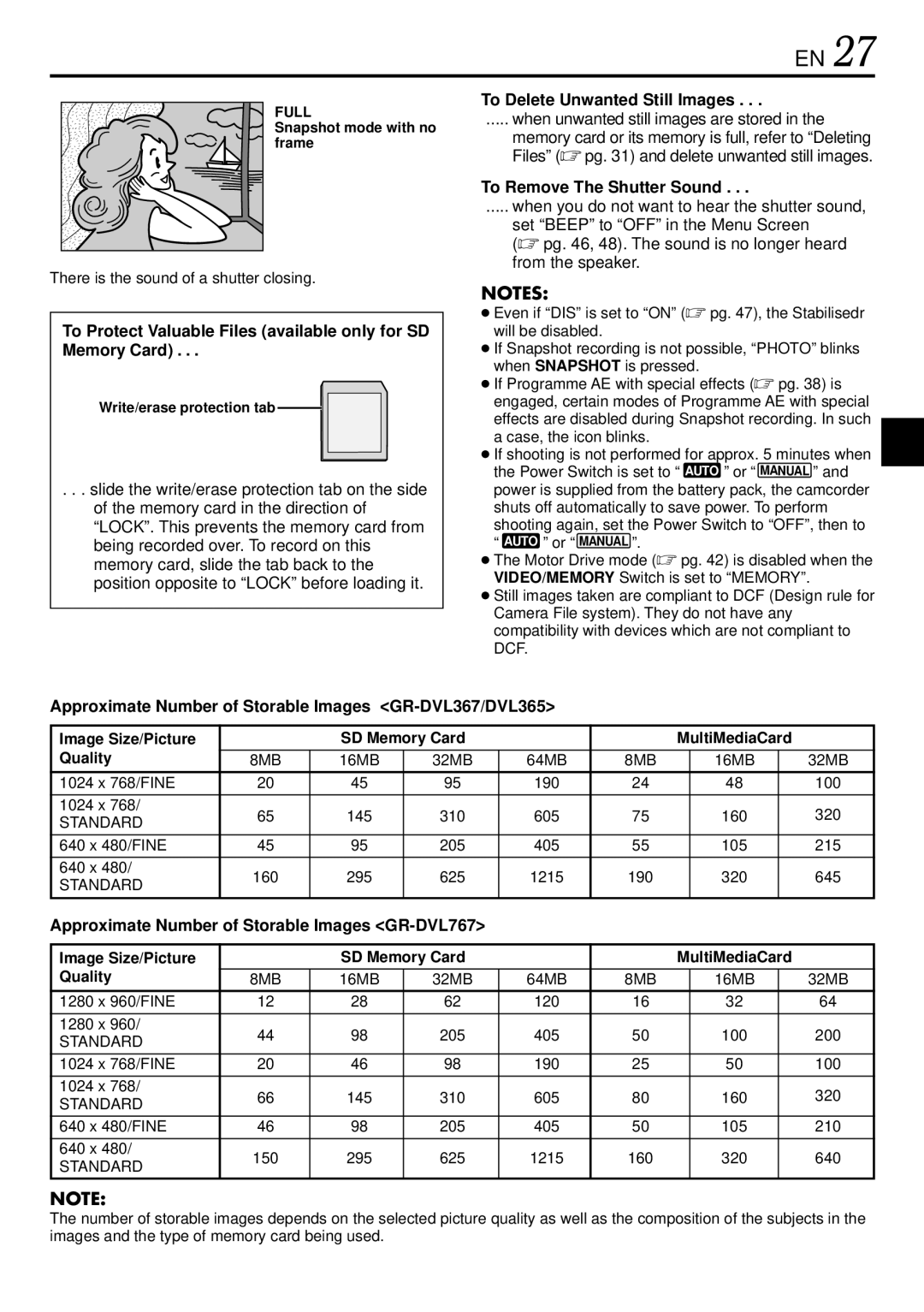 JVC GR-DVL365, GR-DVL367 To Protect Valuable Files available only for SD Memory Card, To Delete Unwanted Still Images 