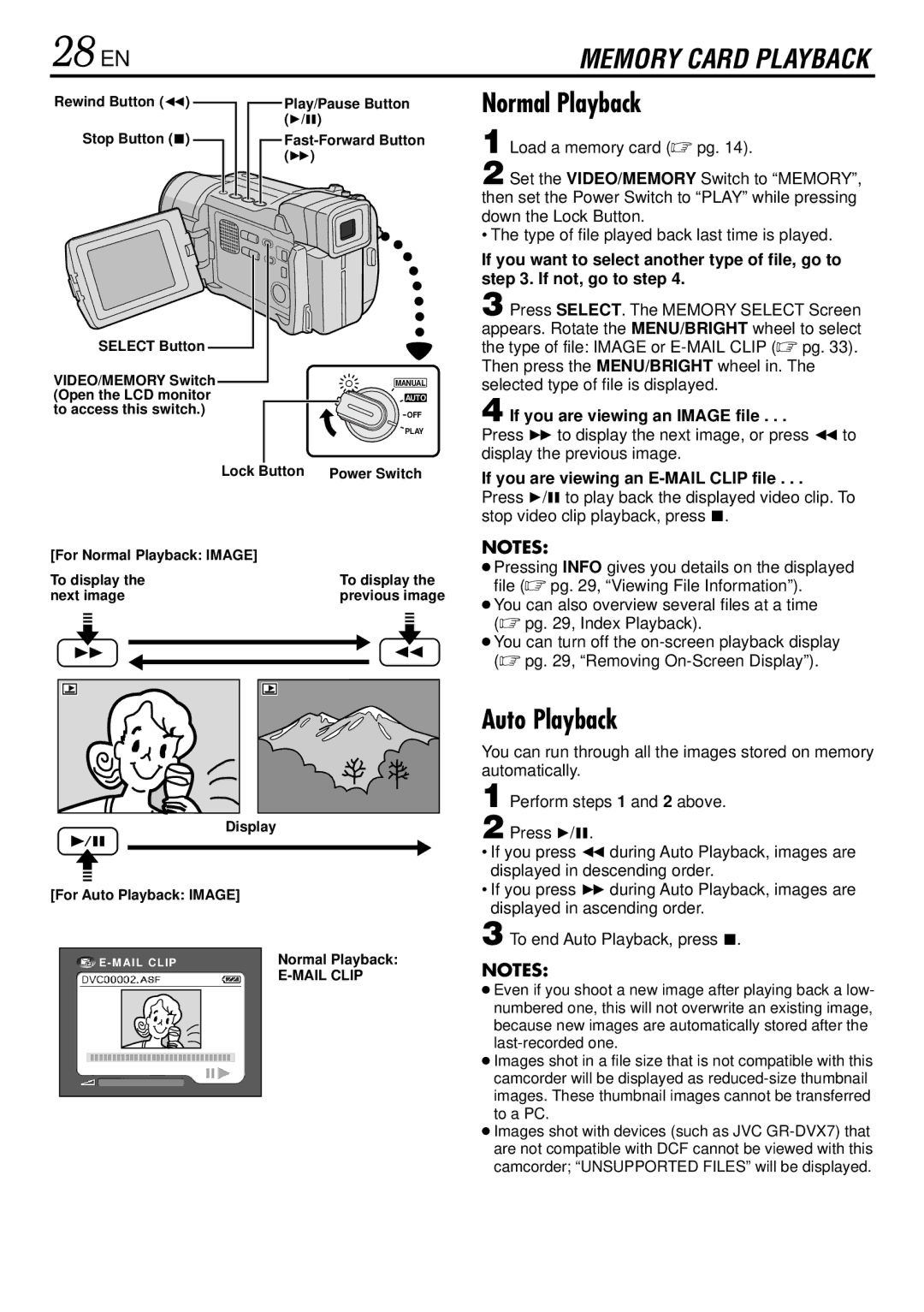 JVC GR-DVL767, DVL367 28 EN, Auto Playback, Type of file played back last time is played, If you are viewing an Image file 