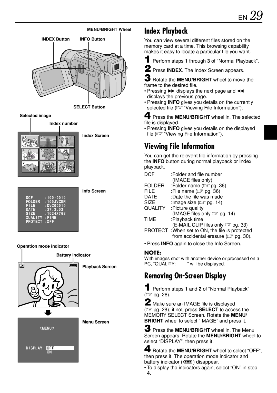 JVC GR-DVL367, GR-DVL160, GR-DVL365, GR-DVL767 Index Playback, Viewing File Information, Removing On-Screen Display 