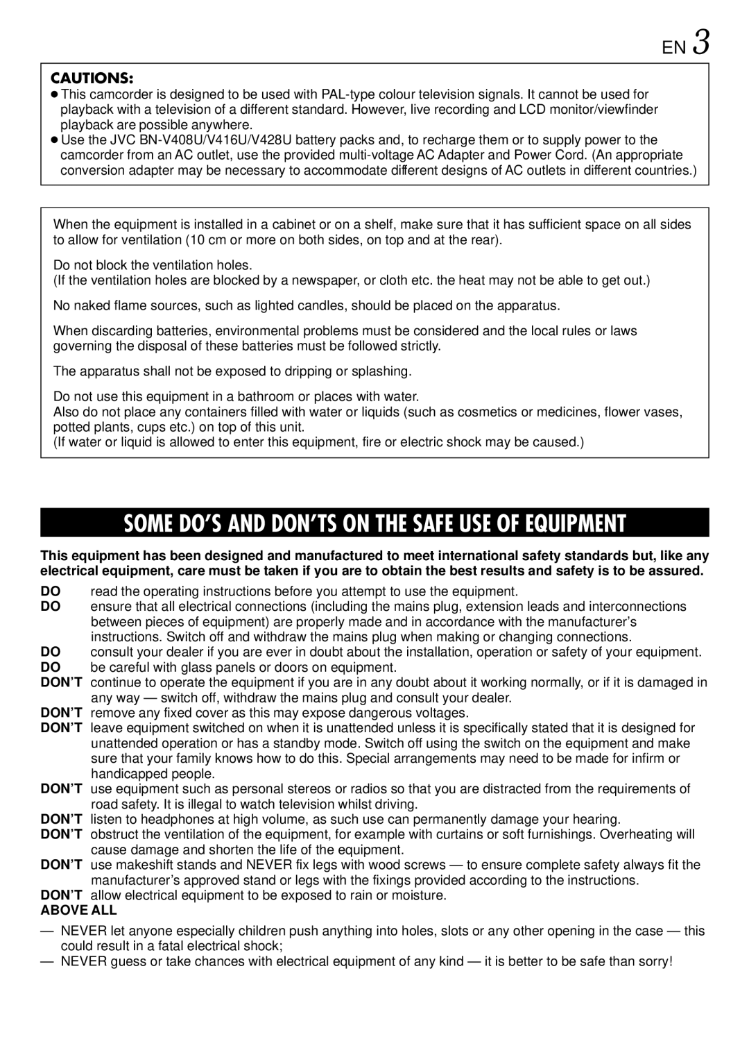 JVC GR-DVL767, GR-DVL367, GR-DVL160, GR-DVL365 specifications Some DO’S and DON’TS on the Safe USE of Equipment, Above ALL 