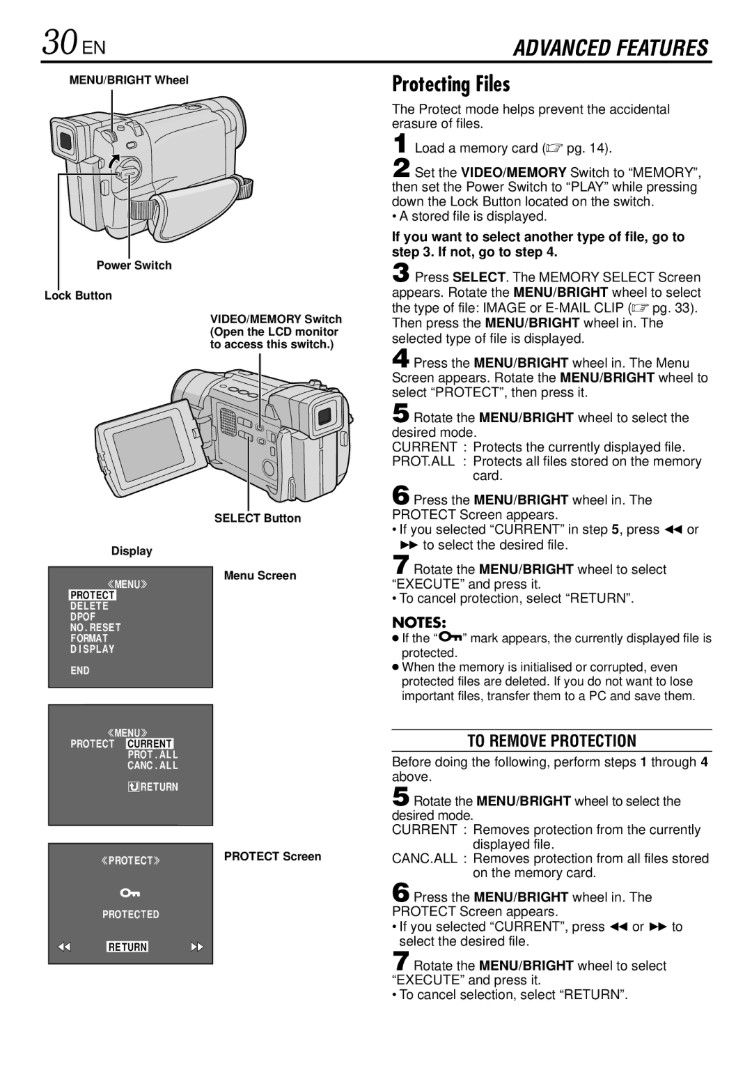 JVC GR-DVL367, GR-DVL160, GR-DVL365, GR-DVL767 30 EN, Protecting Files, To Remove Protection, Stored file is displayed 