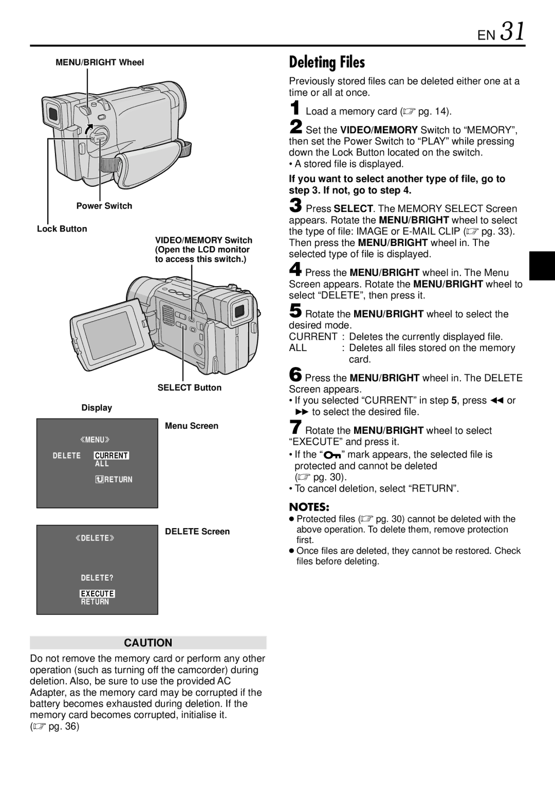 JVC GR-DVL160 Deleting Files, MENU/BRIGHT Wheel Power Switch Lock Button, Select Button Display Menu Screen, Delete Screen 