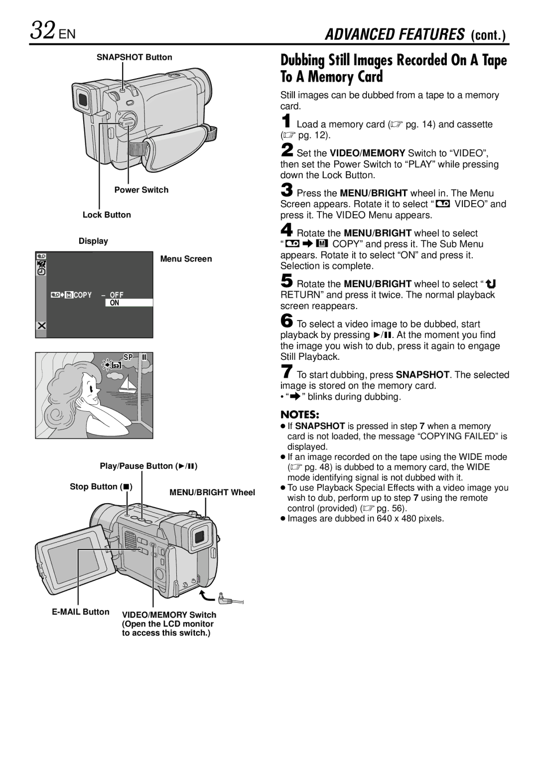 JVC GR-DVL365, GR-DVL367 32 EN, Dubbing Still Images Recorded On a Tape To a Memory Card, Lock Button Display Menu Screen 