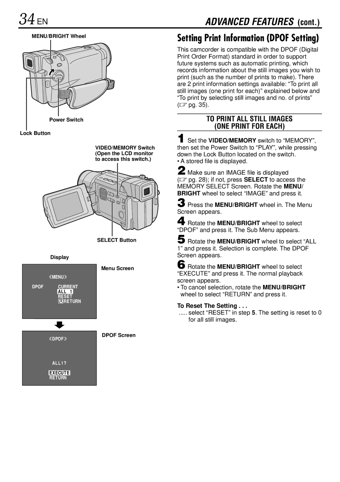 JVC GR-DVL367, GR-DVL160 34 EN, To Print ALL Still Images ONE Print for Each, To Reset The Setting, Dpof Screen 