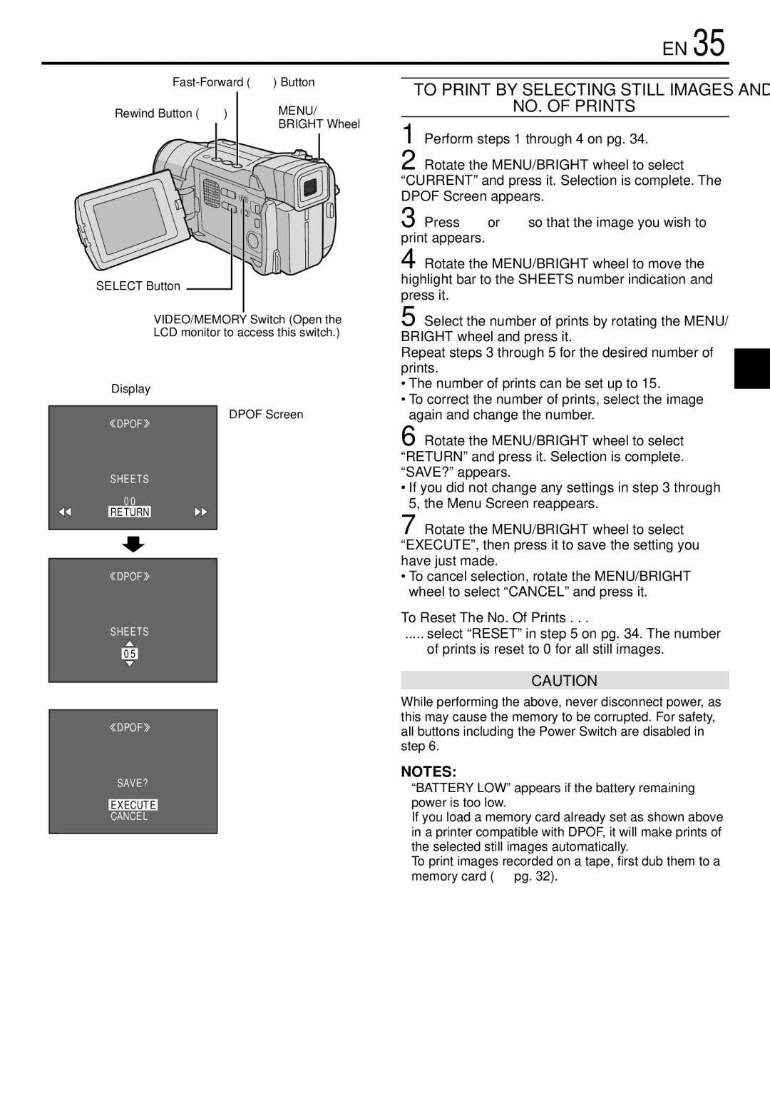 JVC GR-DVL367, GR-DVL160, GR-DVL365, GR-DVL767 To Print by Selecting Still Images, NO. of Prints, To Reset The No. Of Prints 