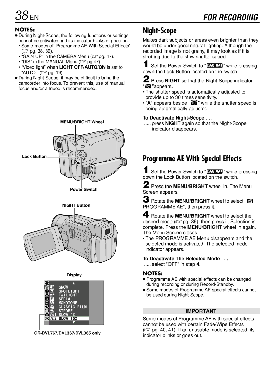 JVC GR-DVL767, GR-DVL367 38 EN, To Deactivate Night-Scope, To Deactivate The Selected Mode, Select OFF in step 