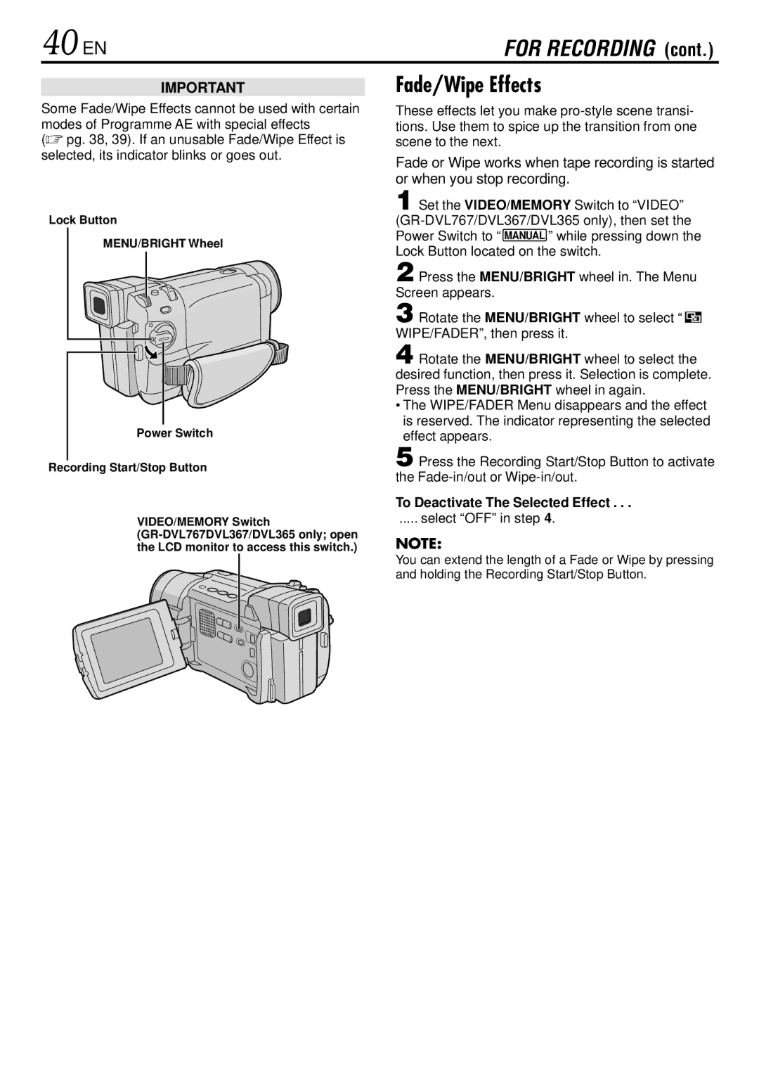 JVC GR-DVL367, GR-DVL160 40 EN, Fade/Wipe Effects, Power Switch to, To Deactivate The Selected Effect, Select OFF 