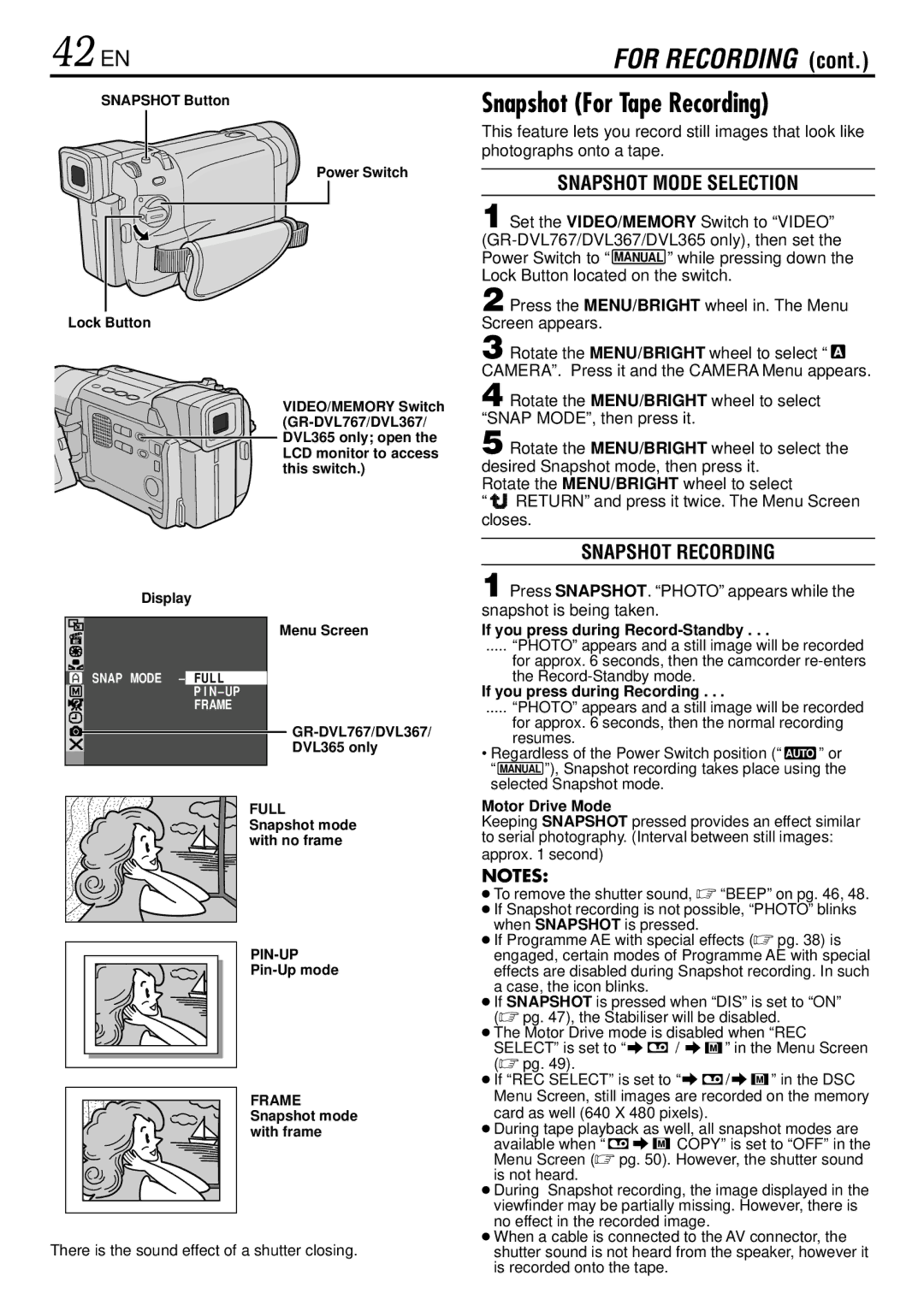 JVC GR-DVL365, GR-DVL367, GR-DVL160 42 EN, Snapshot For Tape Recording, Snapshot Mode Selection, Snapshot Recording 