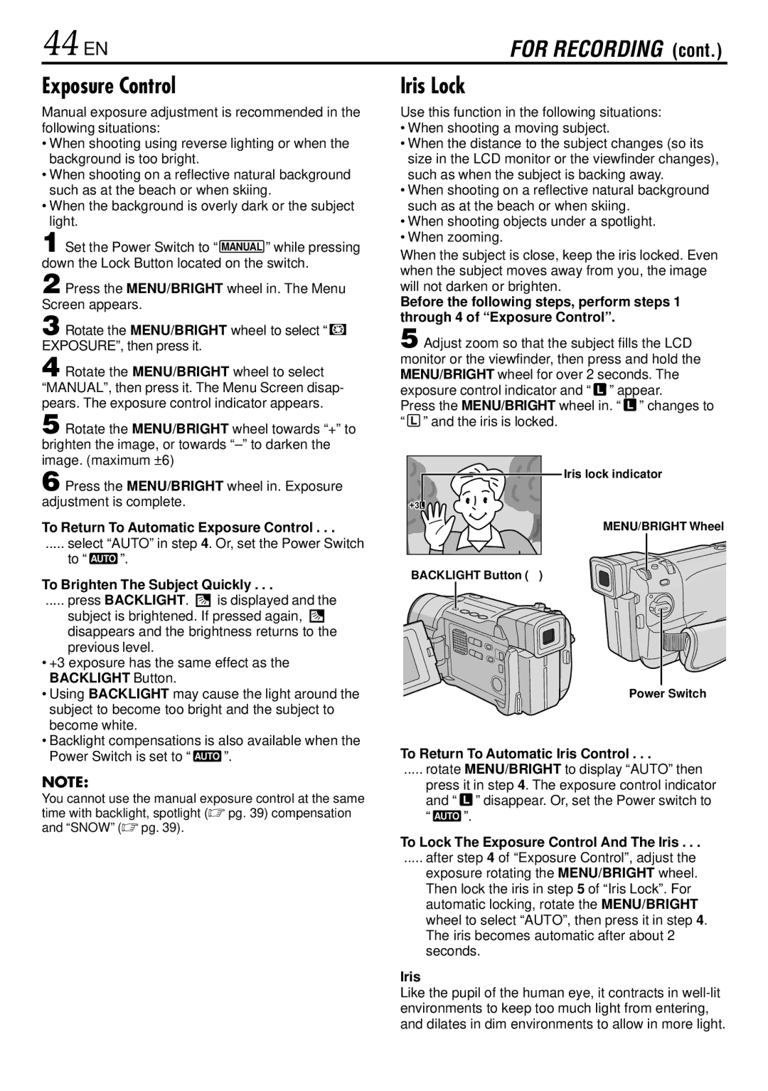 JVC GR-DVL367, GR-DVL160, GR-DVL365, GR-DVL767 specifications 44 EN, Exposure Control, Iris Lock 