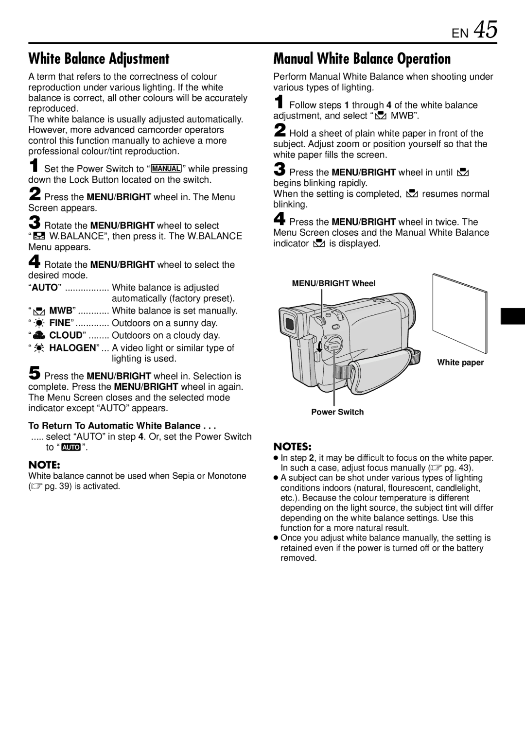 JVC GR-DVL367, GR-DVL160, GR-DVL365, GR-DVL767 White Balance Adjustment, Manual White Balance Operation, Cloud, Halogen 