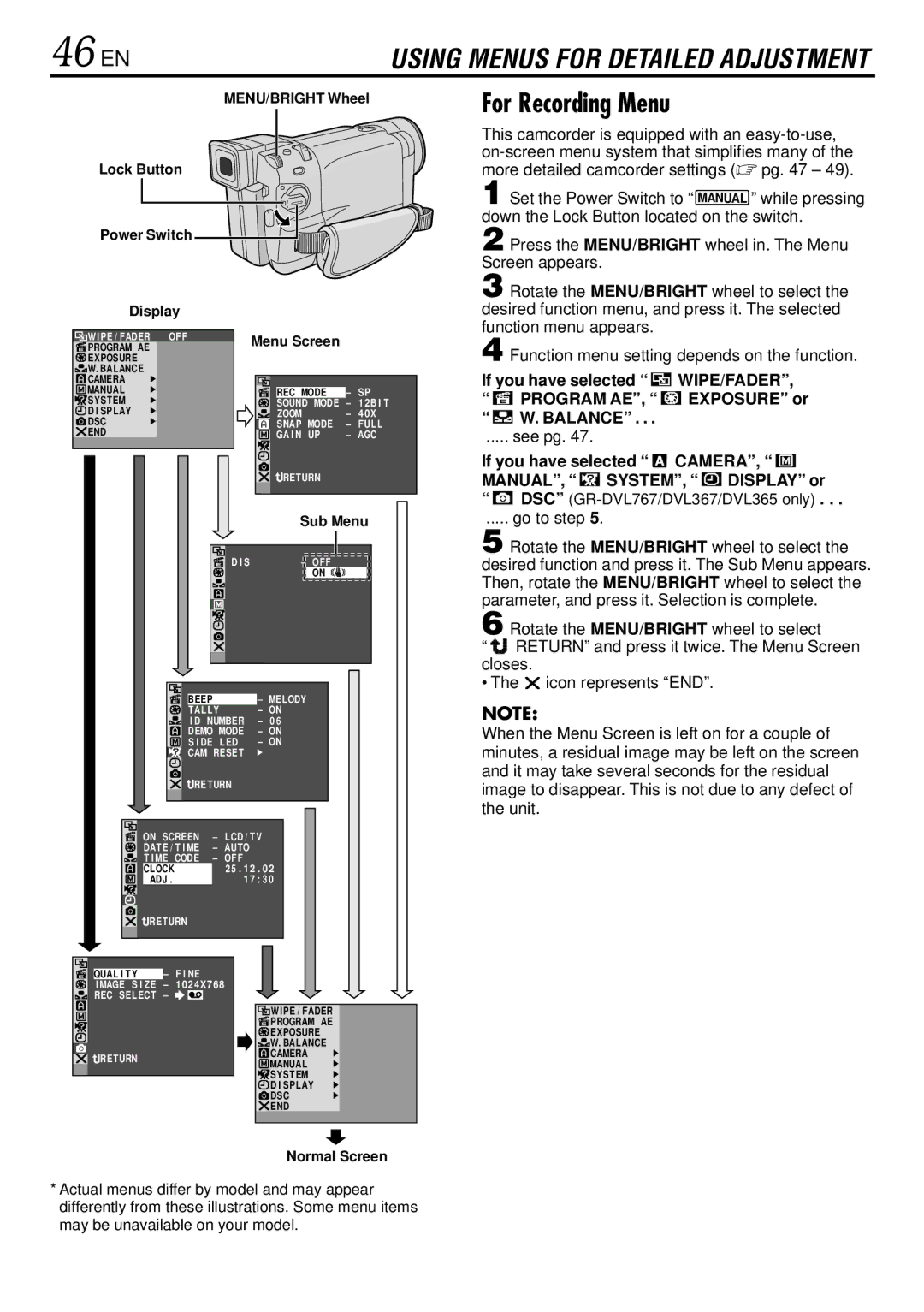 JVC GR-DVL160, GR-DVL367, GR-DVL365, GR-DVL767 specifications 46 EN, For Recording Menu, Wipe/Fader, Program AE 