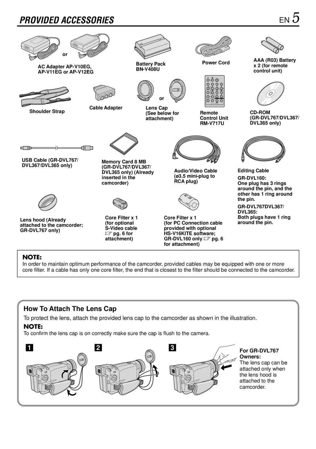 JVC GR-DVL367, GR-DVL160, GR-DVL365, GR-DVL767 specifications How To Attach The Lens Cap 